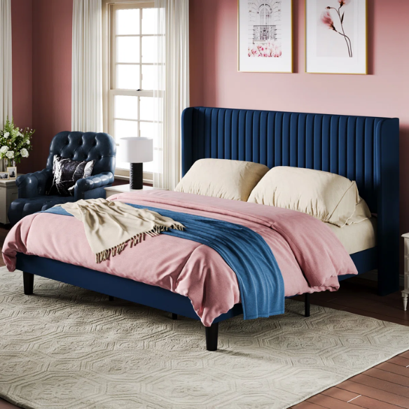 Luxurious King Size Upholstered Velvet Platform Bed with Modern Wingback Headboard – Heavy-Duty Steel Frame, No Box Spring Needed, and Ample Under-Bed Storage