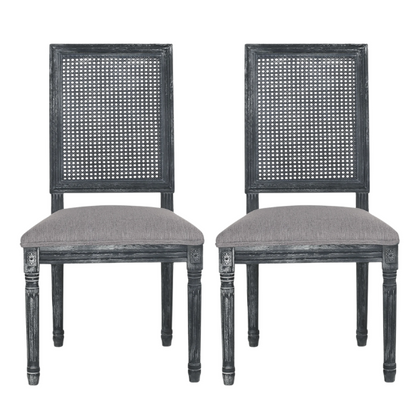 French Country Wood and Cane Upholstered Dining Chairs – Weathered Rubberwood Frame with Fluted Legs & Rectangular Cane Backrest