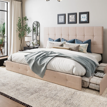King Size Upholstered Platform Bed with Storage Drawers, Padded Headboard, and Sophisticated Button Tufting