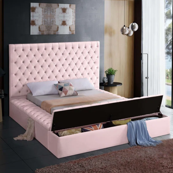 Elegant Velvet Upholstered King Size Platform Storage Bed with Tufted Headboard and Slats