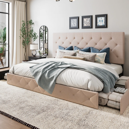 King Size Upholstered Platform Bed with Storage Drawers, Padded Headboard, and Sophisticated Button Tufting