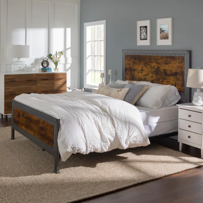 Rustic Industrial Queen Size Bed with Wood-Look Center – Sturdy and Stylish Design