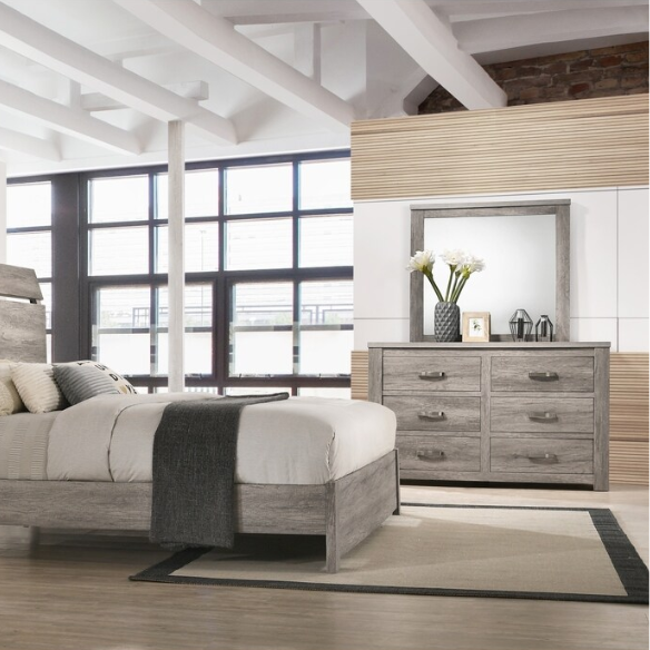 Contemporary Style Weathered Gray Wood 4-Piece Bedroom Set with Panel Bed, Dresser, Mirror, and Nightstand