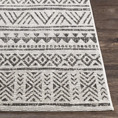 Striped Geometric Area Rug – Charcoal & Off-White, Durable Polypropylene, Low-Pile Design for High-Traffic Indoor/Outdoor Spaces