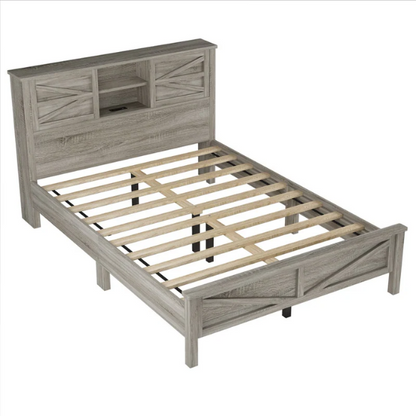 3-Piece Farmhouse Queen Bedroom Set – Platform Bed with Sliding Door Storage Headboard and Charging, Nightstand, and Dresser – Modern Design with Ample Storage