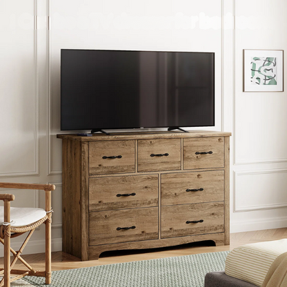 French Country-Inspired 47.2" 7-Drawer Double Dresser with Scalloped Apron and Elegant Metal Handles