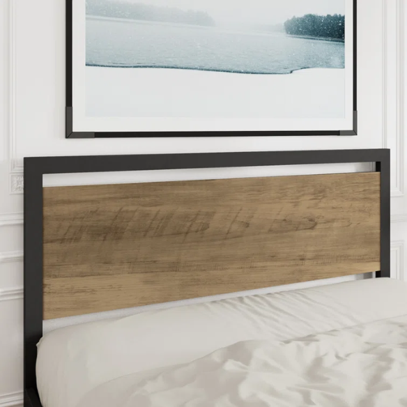 Queen Size Wood and Black Metal Frame Bed with Headboard – Modern Design with Rustic Distressed Wood Accents