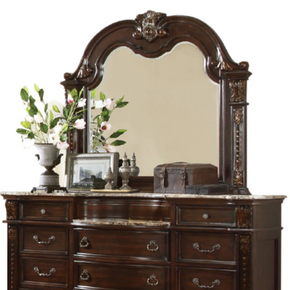 Classic Elegance 5-Piece Queen Bedroom Set in Dark Walnut with Button-Tufted Headboard, Marble-Topped Nightstand, 11-Drawer Dresser, Beveled Mirror, and Storage Chest