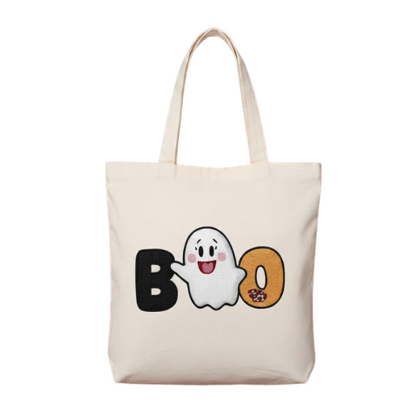 Embroidered 'BOO' Ghost Donut Canvas Tote Bag