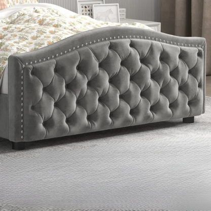 Luxurious King Size Velvet Upholstered Platform Bed with Tufted Camelback Headboard, Nailhead Trim, and 4 Built-In Storage Drawers – Stylish and Functional Bedroom Upgrade