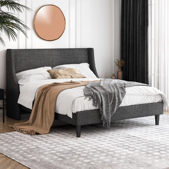 Modern Queen Size Upholstered Platform Bed with Deluxe Wingback and Linen Blend Fabric