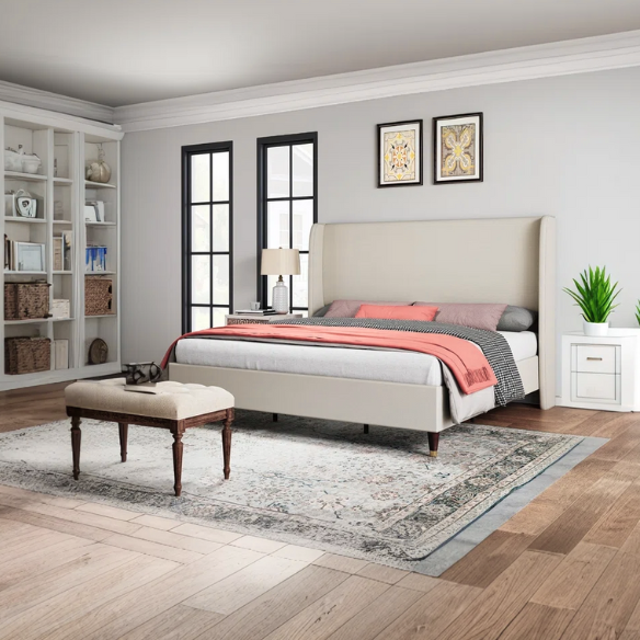 King Size Upholstered Platform Bed with Wingback Design, Foam-Padded Linen Headboard, and Steel Reinforced Frame