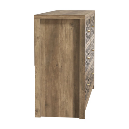 Boho-Inspired 45.4" 6-Drawer Dresser with Distressed Finish and Openwork Floral Details