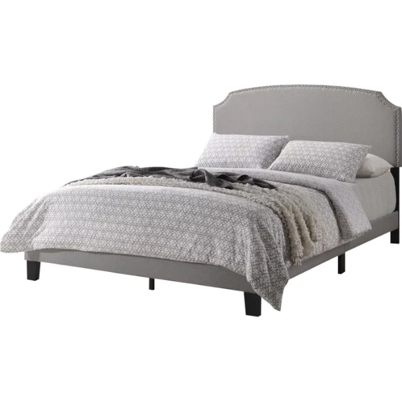 King Size Upholstered Standard Bed with Scooped Corner Headboard, Nailhead Trim, and Extra Support Feet – Classic Design with Adjustable Base Compatibility