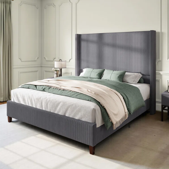 Queen Size Upholstered Wingback Platform Bed in Ribbed Corduroy Fabric