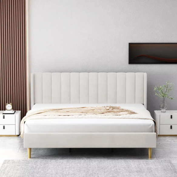 Luxury Corduroy Upholstered King Size Platform Bed Frame - Stylish Modern Wingback Design with Ultimate Comfort