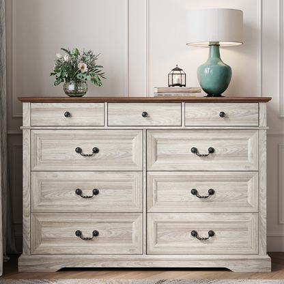Rustic Modern 9-Drawer 53.5'' Double Dresser with Inset Paneling, Crown Molding, and Customizable Metal Handles