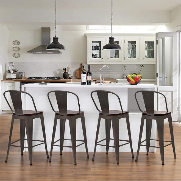 Set of 4 Farmhouse Counter Height Bar Stools – Rustic Industrial Style with Removable Backrest, Heavy-Duty Steel Frame, and Scratch-Resistant Finish