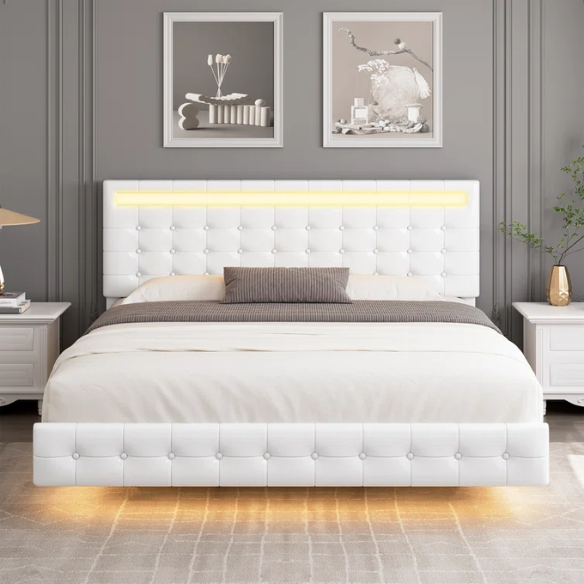 Queen Size LED Lit Platform Bed with Tufted Headboard – Modern and Stylish Design