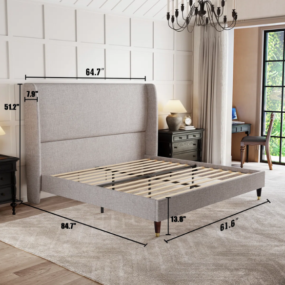 Queen Size Sleek and Minimalist Upholstered Platform Bed with Soft Linen Fabric – Elegant and Modern Design