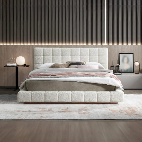 King Size Upholstered Platform Bed with Luxurious Tufted Bouclé Fabric – Modern Elegance, Timeless Sophistication, and Superior Craftsmanship for Your Bedroom Sanctuary