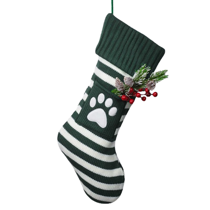 Green & White Striped Christmas Stocking with Embroidered White Paw – Holiday Decor & Gift Bag