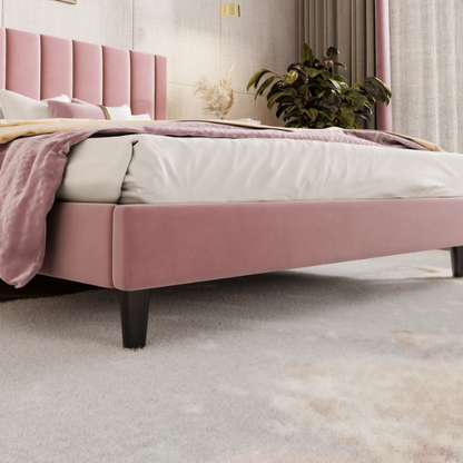 Luxurious Upholstered Platform Bed – Full/Double Size with Velvet Upholstery and Striped Headboard for Elegant Comfort