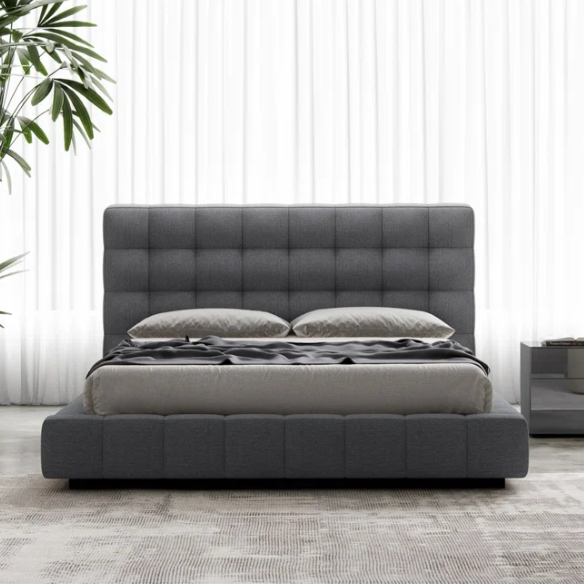 Upholstered Platform Bed with Square-Tufted Headboard, Basketweave Design, and Solid Eucalyptus Wood Frame – No Box Spring Needed