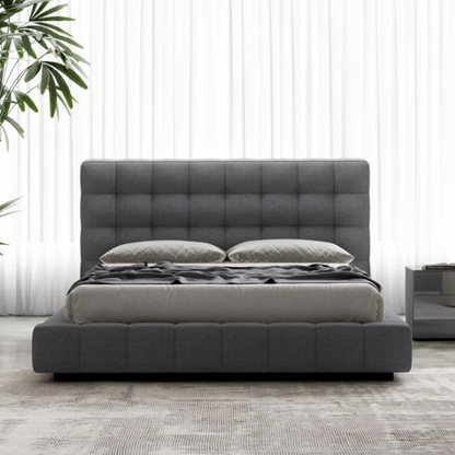 Upholstered Platform Bed with Square-Tufted Headboard, Basketweave Design, and Solid Eucalyptus Wood Frame – No Box Spring Needed