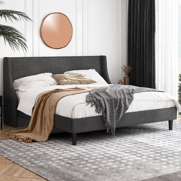 Luxurious King Size Upholstered Platform Bed with Deluxe Wingback Headboard – Soft Velvet and Linen Blend Upholstery, Sturdy Solid Wood Frame, and Modern Minimalist Design for Ultimate Comfort