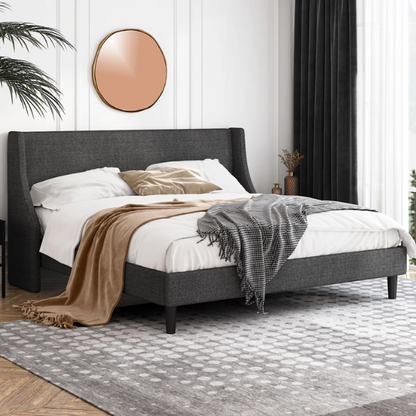 Luxurious King Size Upholstered Platform Bed with Deluxe Wingback Headboard – Soft Velvet and Linen Blend Upholstery, Sturdy Solid Wood Frame, and Modern Minimalist Design for Ultimate Comfort