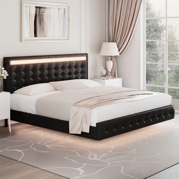 Queen Size LED Lit Platform Bed with Tufted Headboard – Modern and Stylish Design