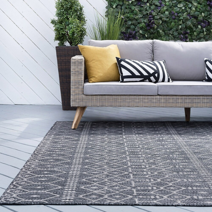 Boho-Inspired Charcoal & Light Grey  Geometric Rug – Fade & Stain-Resistant, Low-Pile, Perfect for High-Traffic Indoor/Outdoor Spaces