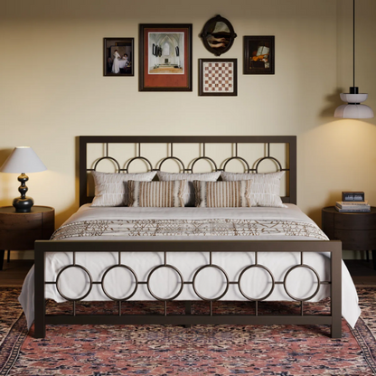 Modern King Size Metal Open-Frame Platform Bed with Art Deco-Inspired Circle Medallion Details – Sleek, Clean-Lined Design with Sturdy Metal Frame and Minimalist Aesthetic