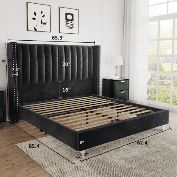 Velvet Upholstered Queen Size Platform Bed with Tufted Button Detail on Headboard