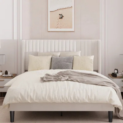 King Size Upholstered Platform Bed with Wingback Headboard – Simple, Elegant Design, Sturdy Wooden Slats, No Box Spring Needed for a Luxurious Sleep Experience