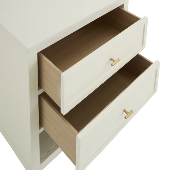 2-Drawer Nightstand – Traditional Solid Wood Frame with Inset Paneling, Neutral Finish, Gold Coastal-Inspired Drawer Pulls, Clean Lines & Spacious Surface for Bedroom Essentials