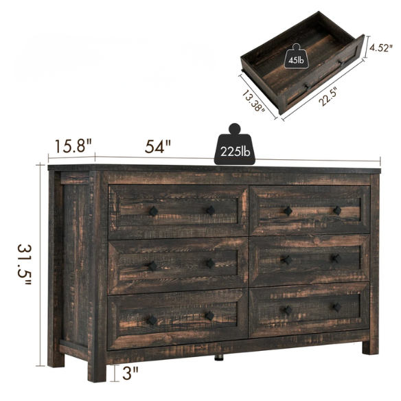 6-Drawer Dresser – A Perfect Blend of Rustic Charm and Industrial Elegance, Featuring a Clean-Lined Silhouette and Weathered Finish. Crafted from Solid and Engineered Wood