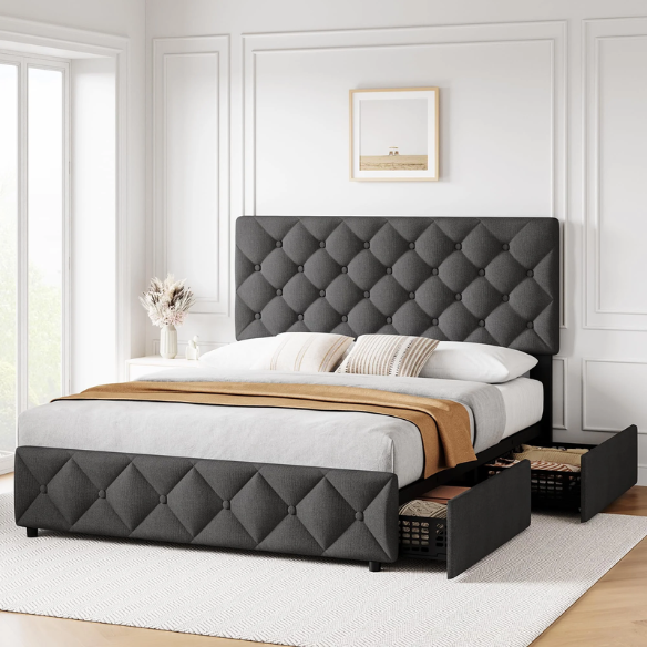 Soft Linen Fabric Upholstered Platform Bed – Double Size with Four Built-In Storage Drawers for Space-Saving & Style