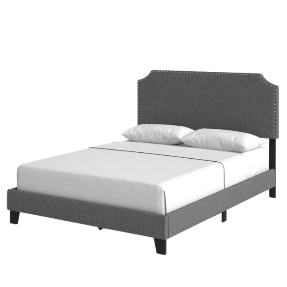 King Size Upholstered Standard Bed with Scooped Corner Headboard, Nailhead Trim, and Tapered Support Feet – Neutral Gray Polyester Fabric