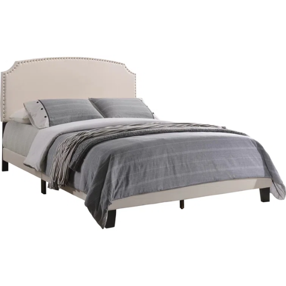 King Size Upholstered Standard Bed with Scooped Corner Headboard, Nailhead Trim, and Extra Support Feet – Classic Design with Adjustable Base Compatibility