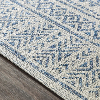 Striped Geometric Area Rug – Blue & Taupe, Durable Polypropylene, Low-Pile Design for High-Traffic Indoor/Outdoor Spaces
