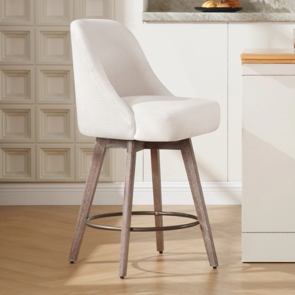 Modern Counter Height Swivel Bar Stool – Upholstered Faux Leather/Polyester Blend Seat, Solid Beech Wood Frame, Ergonomic High Back, Bronze Metal Footrest, 300lb Capacity for Kitchen, Bar, or Pub