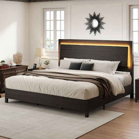Modern King Size Wood Bed Frame with LED-Integrated Headboard & Adjustable Features for Ultimate Comfort