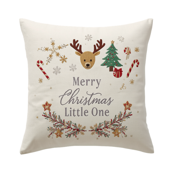 Off-White Cozy Throw Pillow with Merry Christmas Little One Design