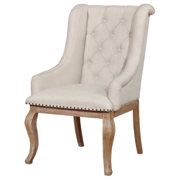 Beige Button Tufted Upholstered Arm Chairs with Light Tan Wooden Legs (Set of 2) – Elegant Accent Dining or Lounge Seating