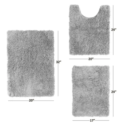 Light Grey Shaggy Bath Rug Set – Ultra-Soft Microfiber Non-Slip Bathroom Mat with Rubber Backing (2 or 3-Piece Set)