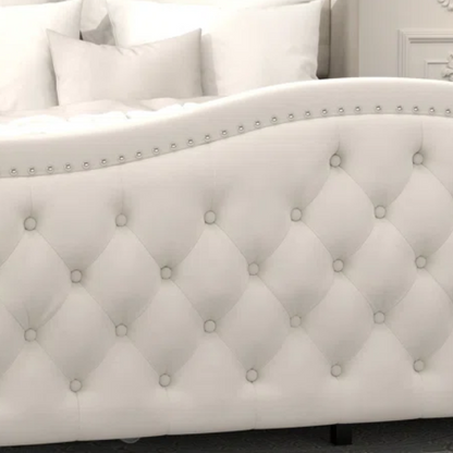 Luxurious King Size Velvet Upholstered Platform Bed with Tufted Camelback Headboard, Nailhead Trim, and 4 Built-In Storage Drawers – Stylish and Functional Bedroom Upgrade