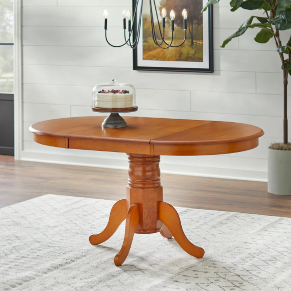 Farmhouse Solid Rubberwood Dining Table with 22-Inch Extension Leaf – Pedestal Base, Seats 6, Available in Oak, Matte Black, White/Natural, Grey/Walnut Finishes