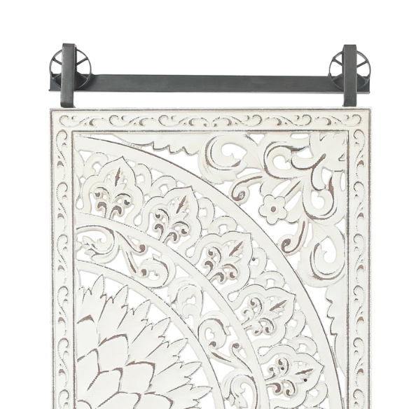 Boho Floral Wall Décor Set (Set of 2) – Hand-Carved Flower Medallion Panels with Modern Farmhouse Iron Bar Accent